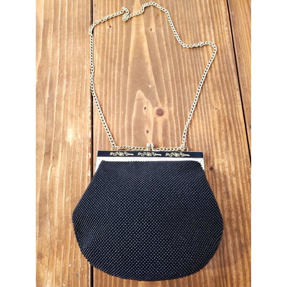 Vintage Gold Chain Beaded Black Purse With Detailed Trim Clasp Adjustable - Picture 6 of 11